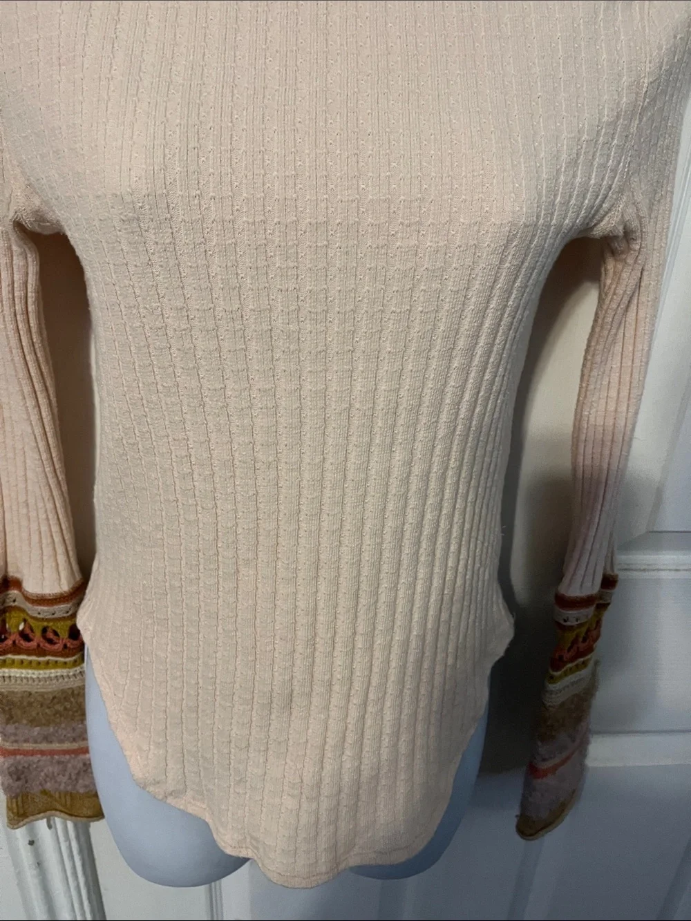 Free People Soft Peach Turtleneck Sweater with Patterned Cuffs Arm Warmer